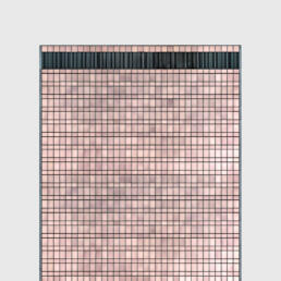 A symmetrical pink and black glass facade of a skyscraper, composed of hundreds of square windows in a tight grid.