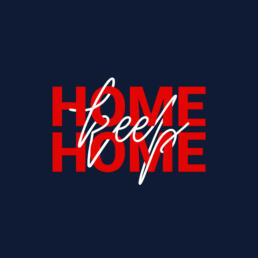 Graphic design with the words “Home Keep Home” in red block letters overlaid with white handwritten-style text on a dark blue background.