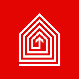 White concentric house outline with an upward arrow inside, set against a solid red background.