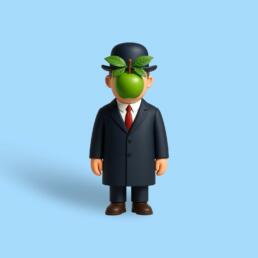 3D cartoon-style figure in a suit and bowler hat with a green apple obscuring its face, referencing Magritte’s ‘The Son of Man’.