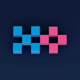 Blue and pink square tiles arranged in a staggered grid on a dark background.