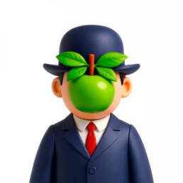 3D cartoon-style figure in a suit and bowler hat with a green apple obscuring its face, referencing Magritte’s ‘The Son of Man’.